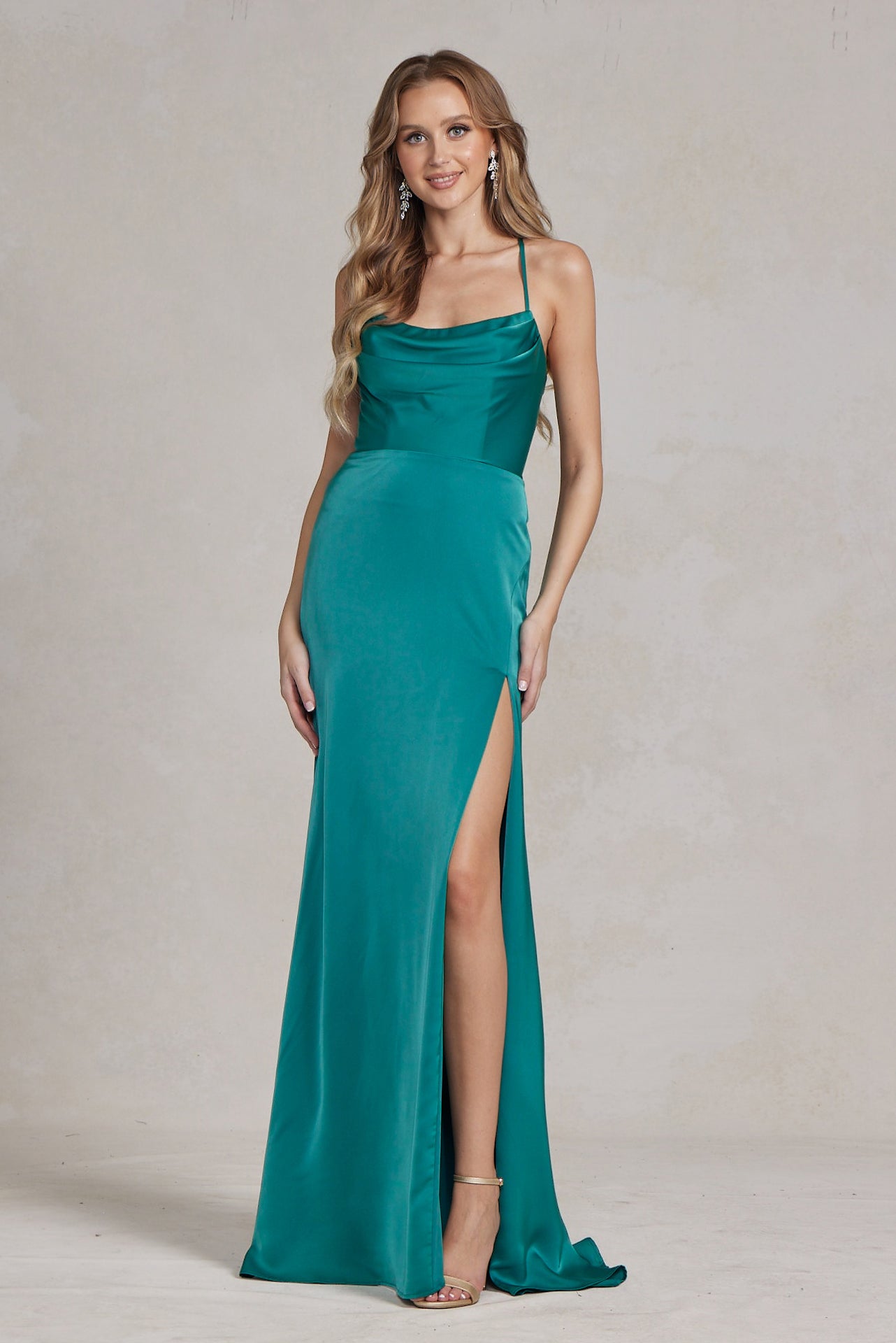 Side Slit Cowl Neck Satin Open Criss Cross Back Long Evening Dress NXE1068-Prom Dress-smcfashion.com