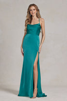 Side Slit Cowl Neck Satin Open Criss Cross Back Long Evening Dress NXE1068-Prom Dress-smcfashion.com