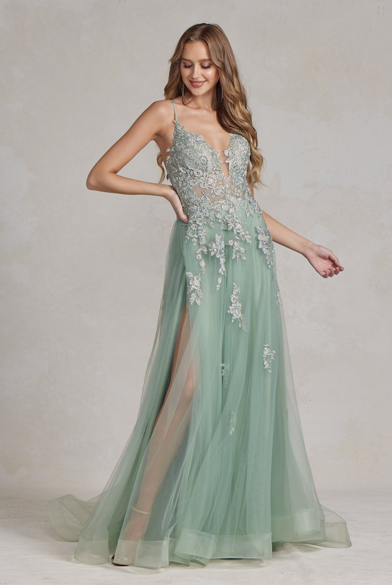 A-Line Tulle Skirt Embroidered Lace Long Prom Dress NXG1149-Prom Dress-smcfashion.com