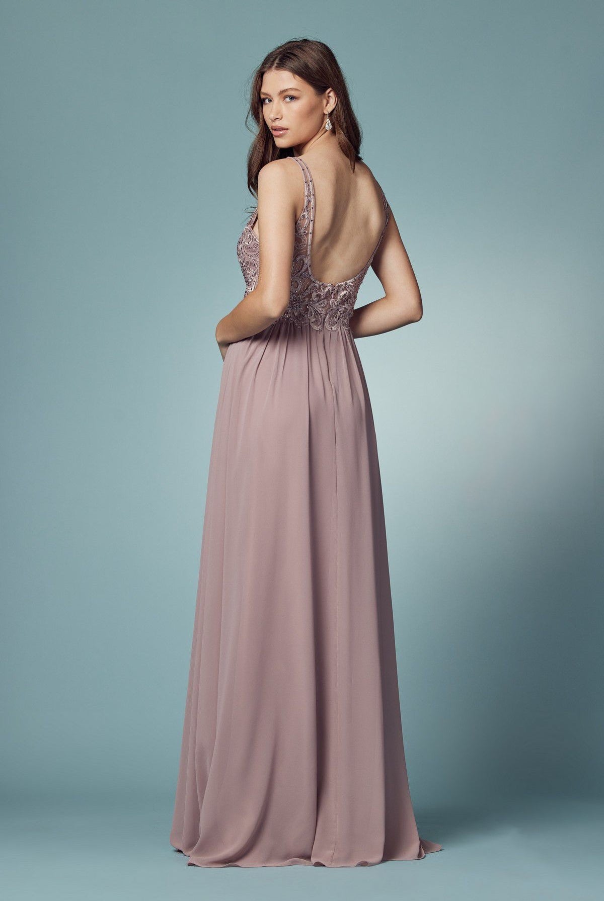 Embroidered Bodice Illusion V-Neck Side Slit Long Bridesmaid Dress NXY299-Bridesmaid Dress-smcfashion.com
