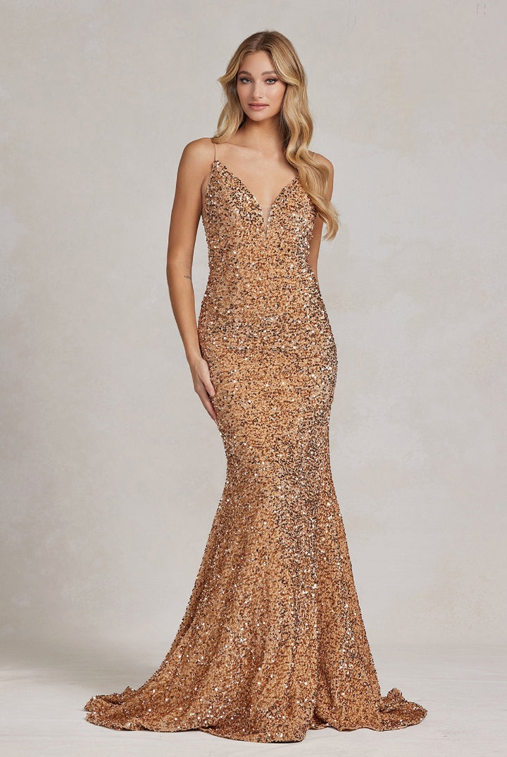 Mermaid Embroidered Sequins Sleeveless Open V-Back Long Evening Dress NXR1071-Evening Dress-smcfashion.com
