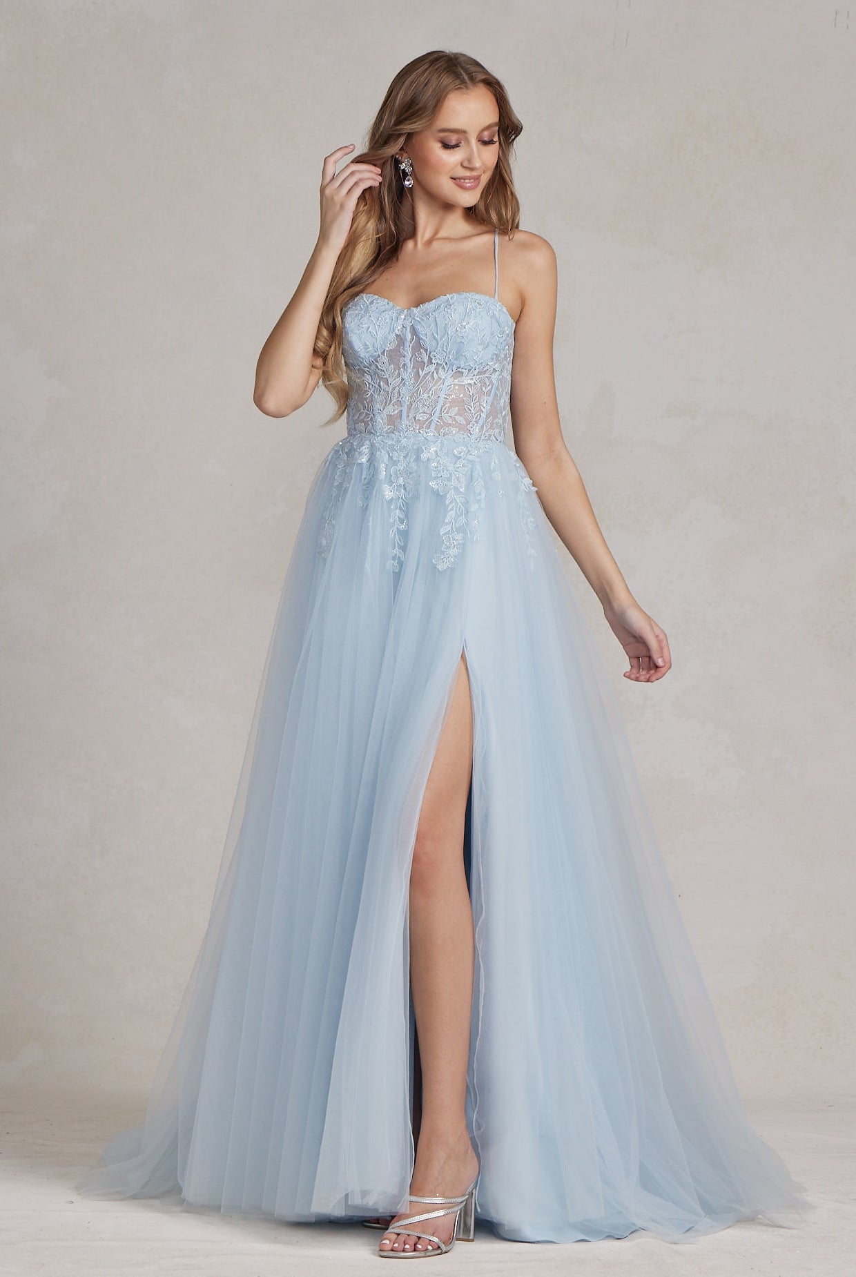 Embroidered Bodice Side Slit Tulle Skirt Long Prom Dress NXJ1089-Prom Dress-smcfashion.com