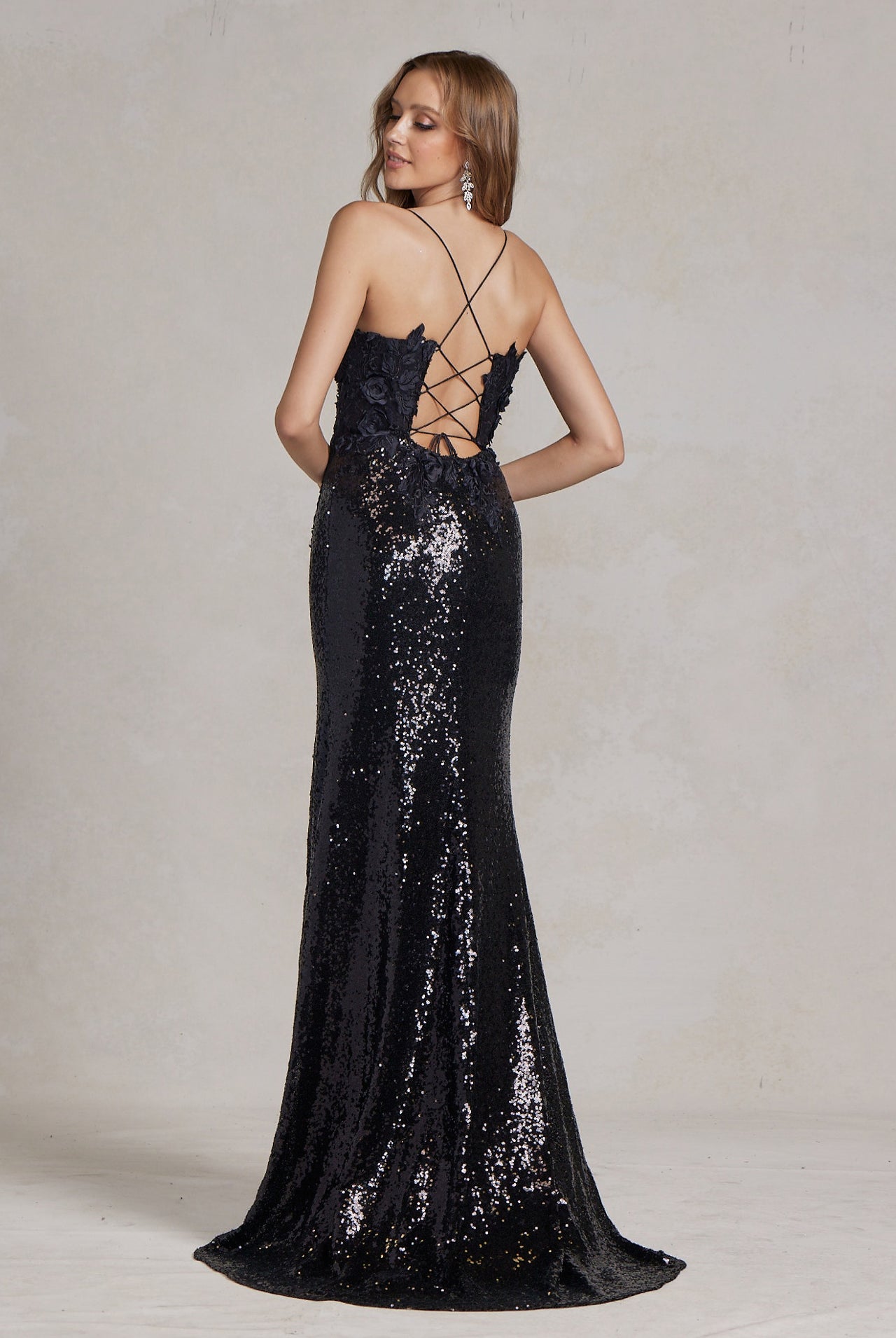 Side Slit Embroidered Applique Illusion V-Neck Long Evening Dress NXR1207-Evening Dress-smcfashion.com