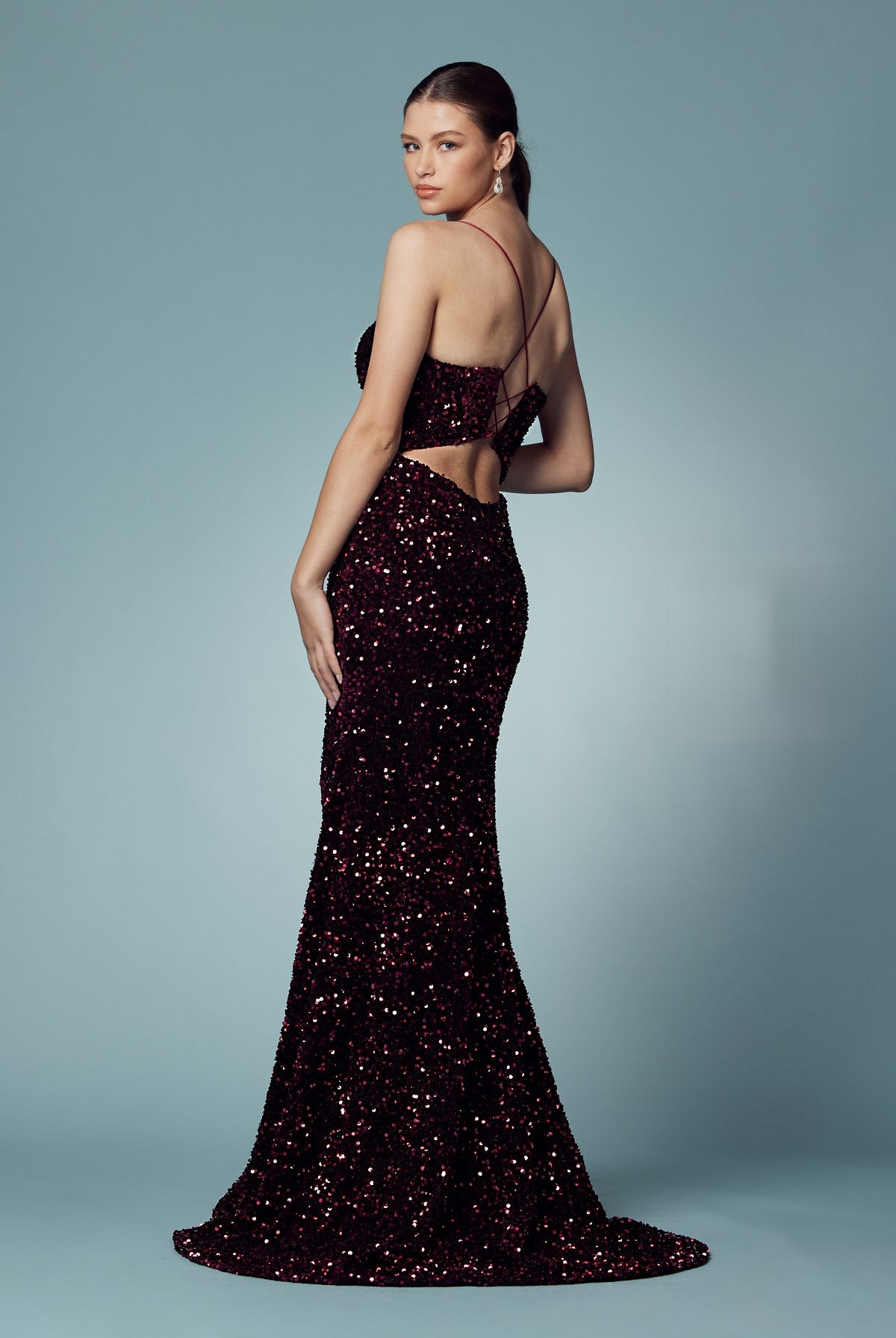 Plunging Neckline Fitted Bodice Velvet Sequince Trumpet Long Prom Dress NXR433-Prom Dress-smcfashion.com