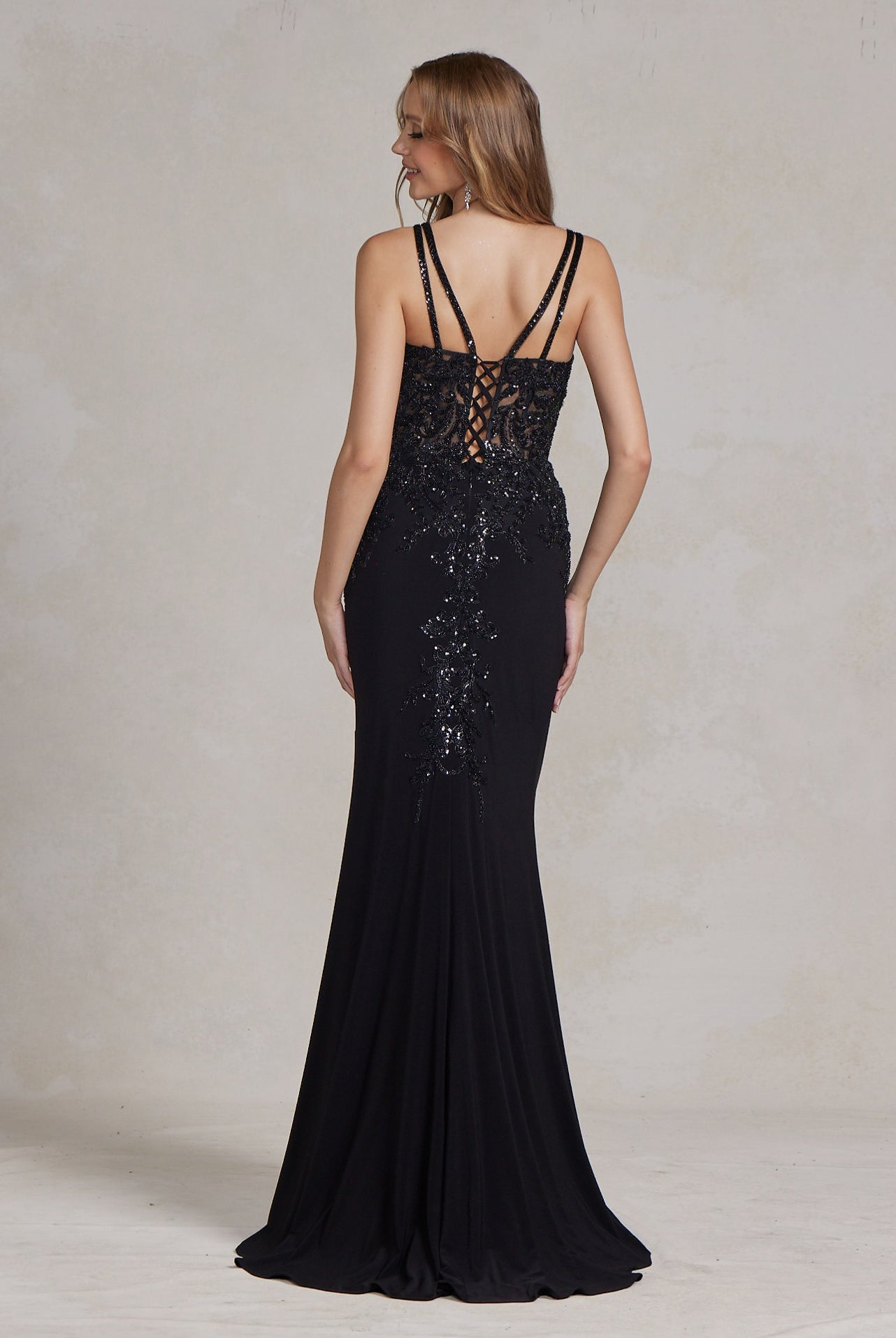 Double Spaghetti Straps Embroidered Bodice Long Evening Dress NXH1090-Evening Dress-smcfashion.com