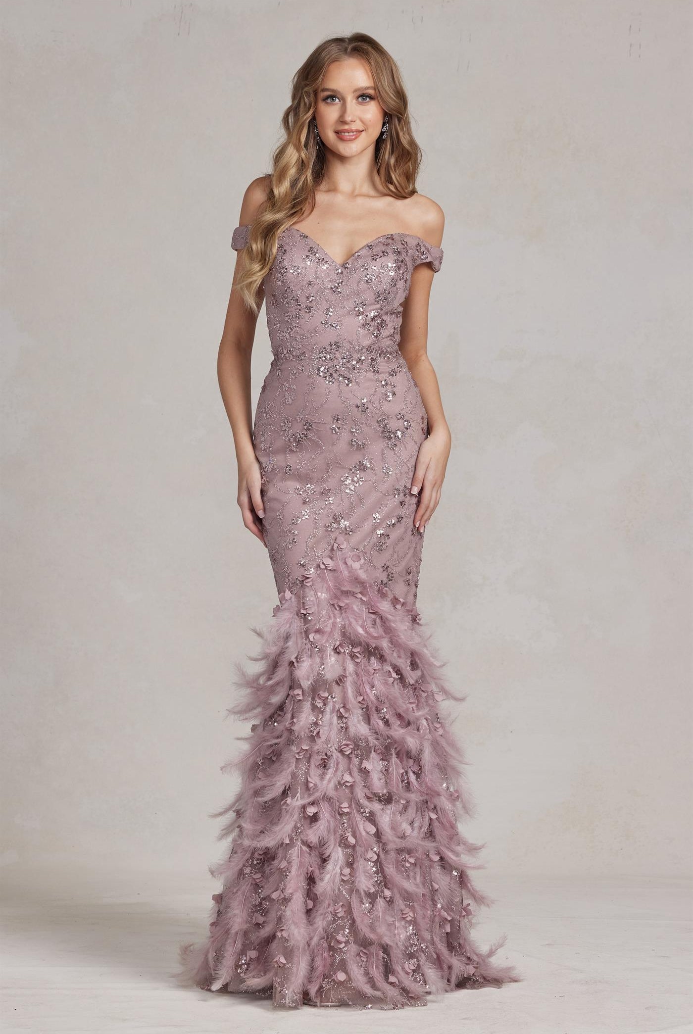 Off Shoulder Sweetheart Open Back Mermaid Feather Embellished Long Prom Dress NXC1106-Prom Dress-smcfashion.com