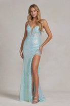 Embroidered Sequins Applique Side Slit Spaghetti Straps Long Prom Dress NXD1157-Prom Dress-smcfashion.com