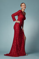 Embroidered Sequin One Shoulder Long Sleeve High Slit Long Prom Dress NXS1013-Prom Dress-smcfashion.com