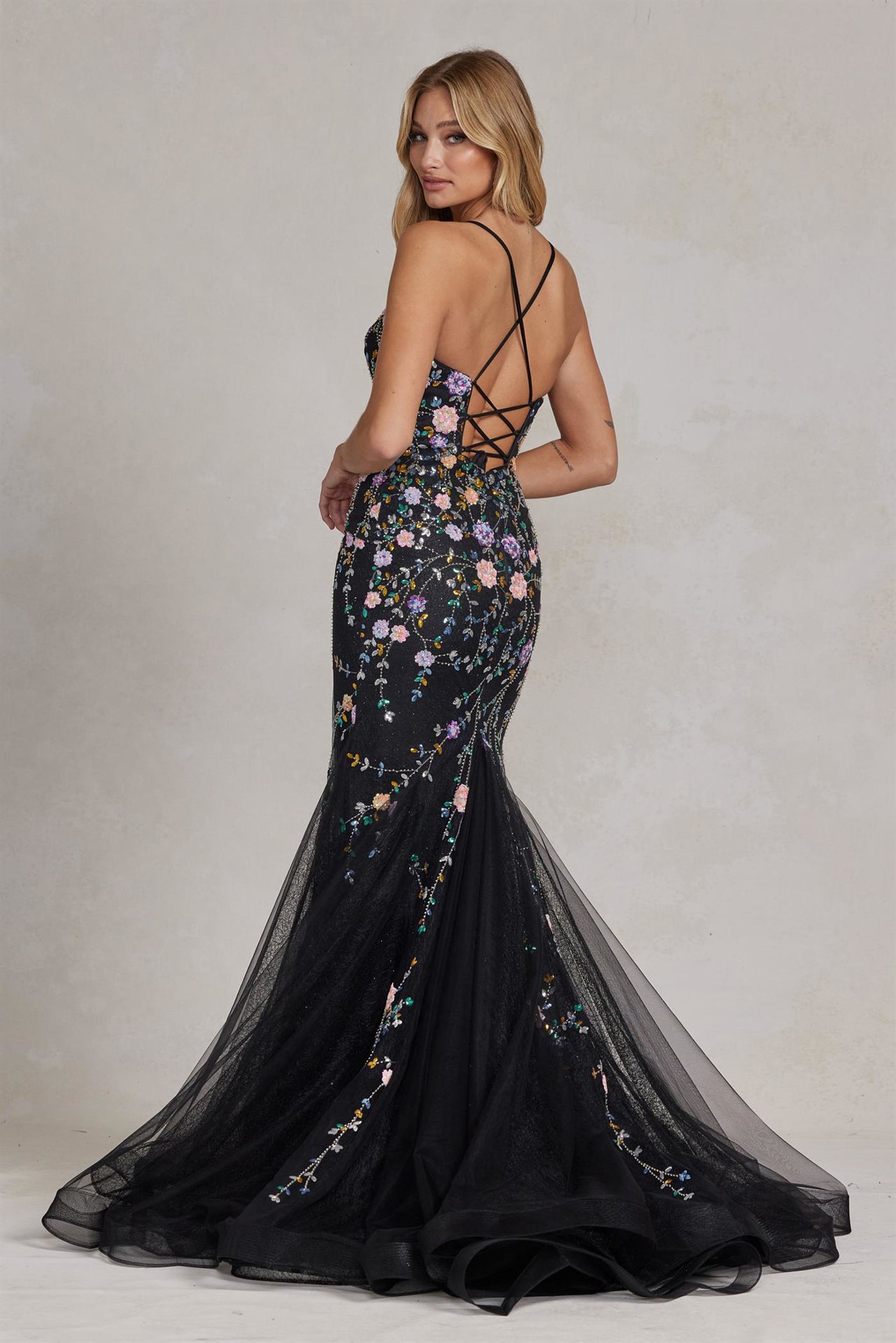 Mermaid Open Criss Cross Back Embroidered Flower Lace Long Prom Dress NXC1117-Prom Dress-smcfashion.com