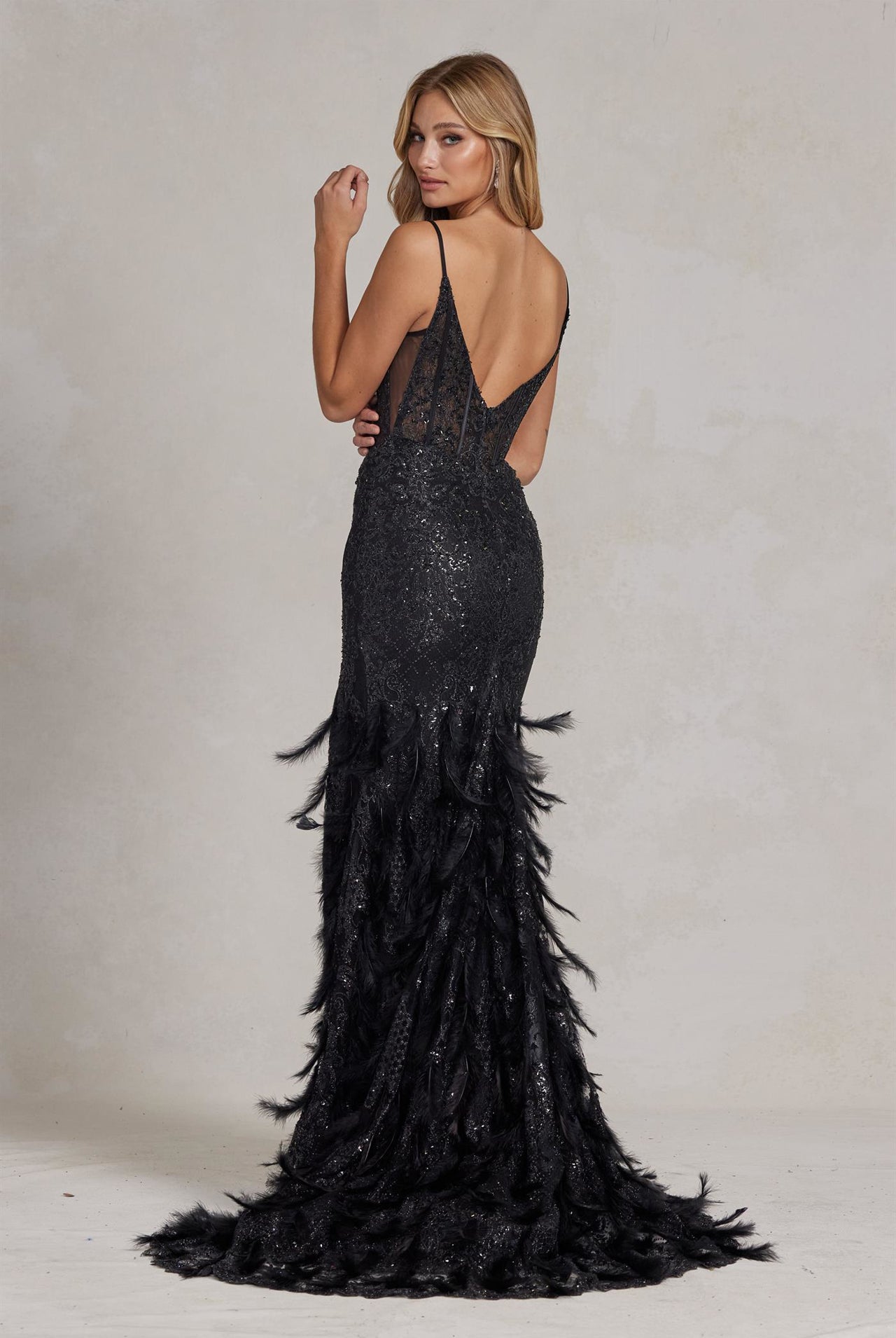 Embellished Feather Skirt V-Neck Open V-Back Side Slit Long Prom Dress NXC1119-Prom Dress-smcfashion.com