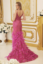 Embellished Feather Skirt V-Neck Open V-Back Side Slit Long Prom Dress NXC1119-Prom Dress-smcfashion.com