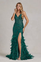 Embellished Feather Skirt V-Neck Open V-Back Side Slit Long Prom Dress NXC1119-Prom Dress-smcfashion.com