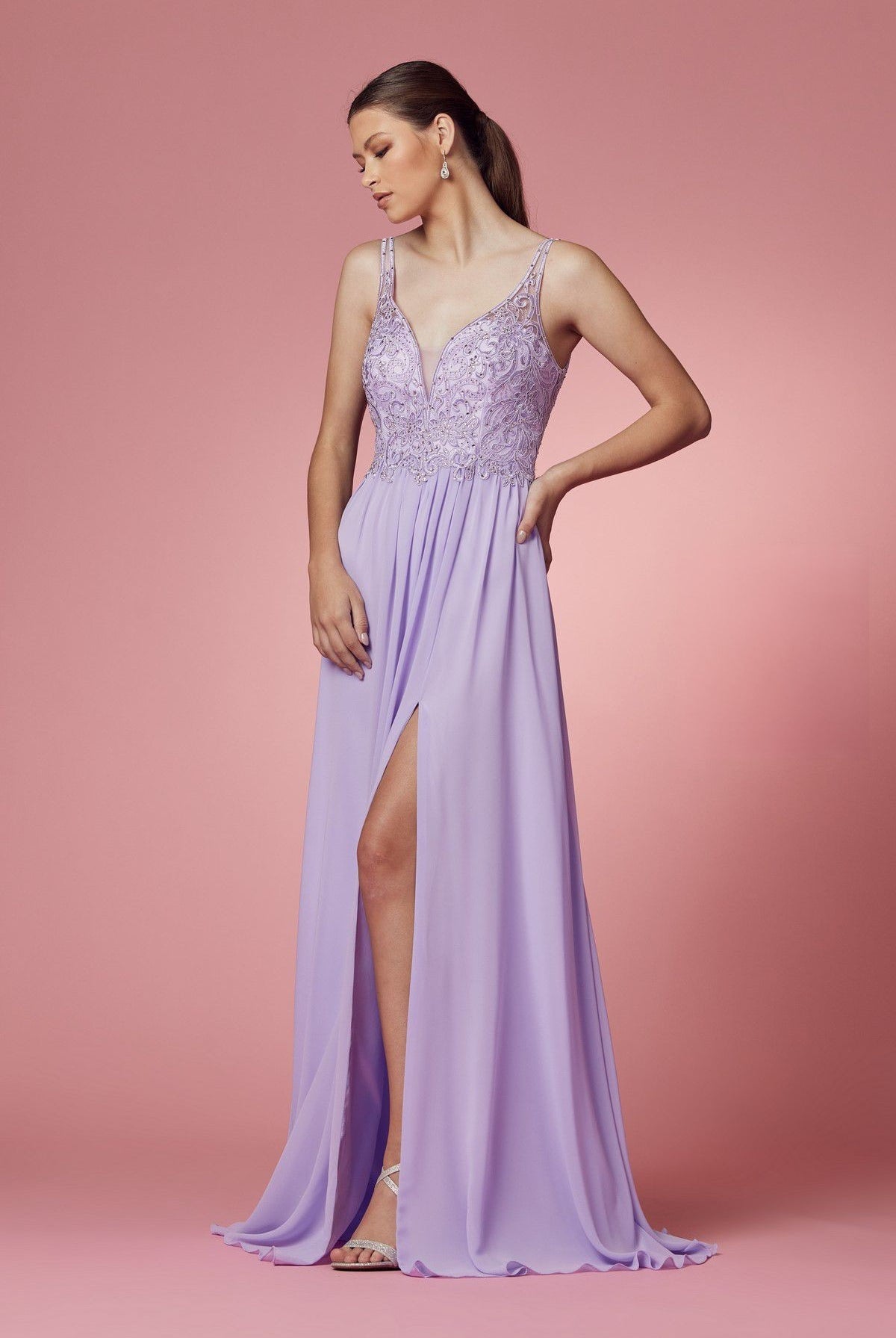 Embroidered Bodice Illusion V-Neck Side Slit Long Bridesmaid Dress NXY299-Bridesmaid Dress-smcfashion.com