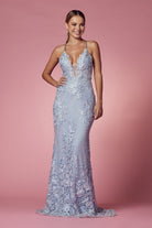 Embroidered Lace Illusion V-Neck Tulle Skirt Long Prom Dress NXF485-All Dresses-smcfashion.com