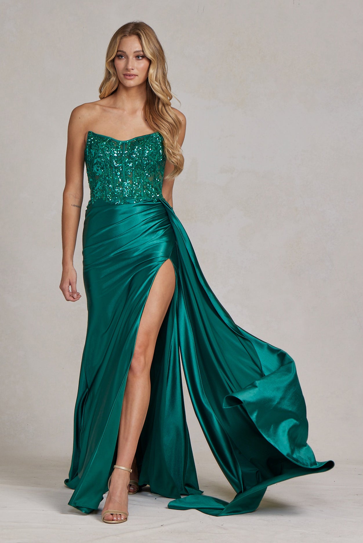 Satin Skirt Side Slit Embroidered Bodice Strapless Long Evening Dress NXE1174-Evening Dress-smcfashion.com