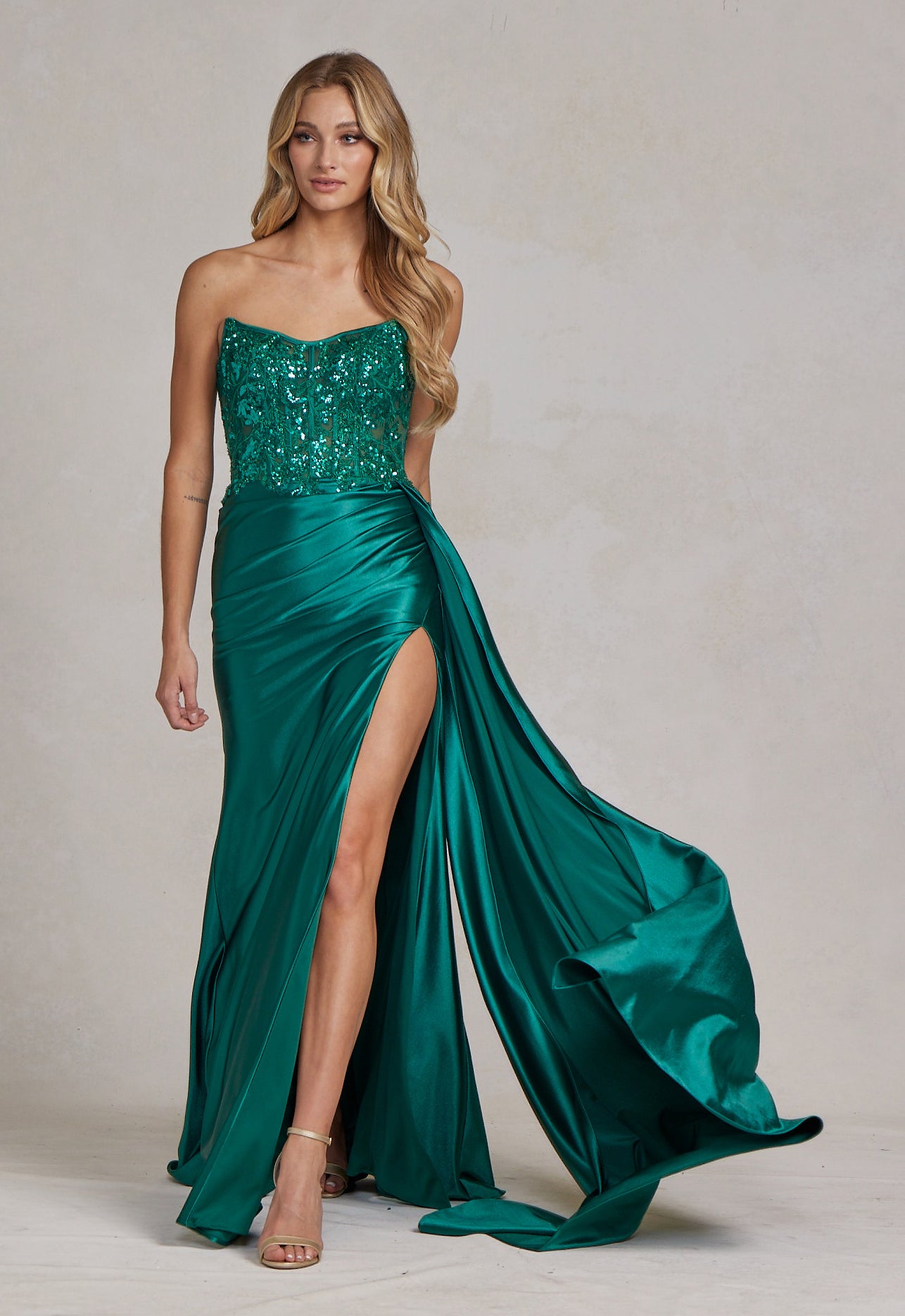 Satin Skirt Side Slit Embroidered Bodice Strapless Long Evening Dress NXE1174-Evening Dress-smcfashion.com