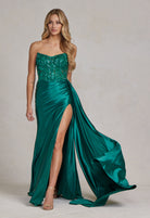 Satin Skirt Side Slit Embroidered Bodice Strapless Long Evening Dress NXE1174-Evening Dress-smcfashion.com