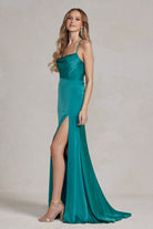 Side Slit Cowl Neck Satin Open Criss Cross Back Long Evening Dress NXE1068-Prom Dress-smcfashion.com