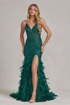 Embellished Feather Skirt V-Neck Open V-Back Side Slit Long Prom Dress NXC1119-Prom Dress-smcfashion.com