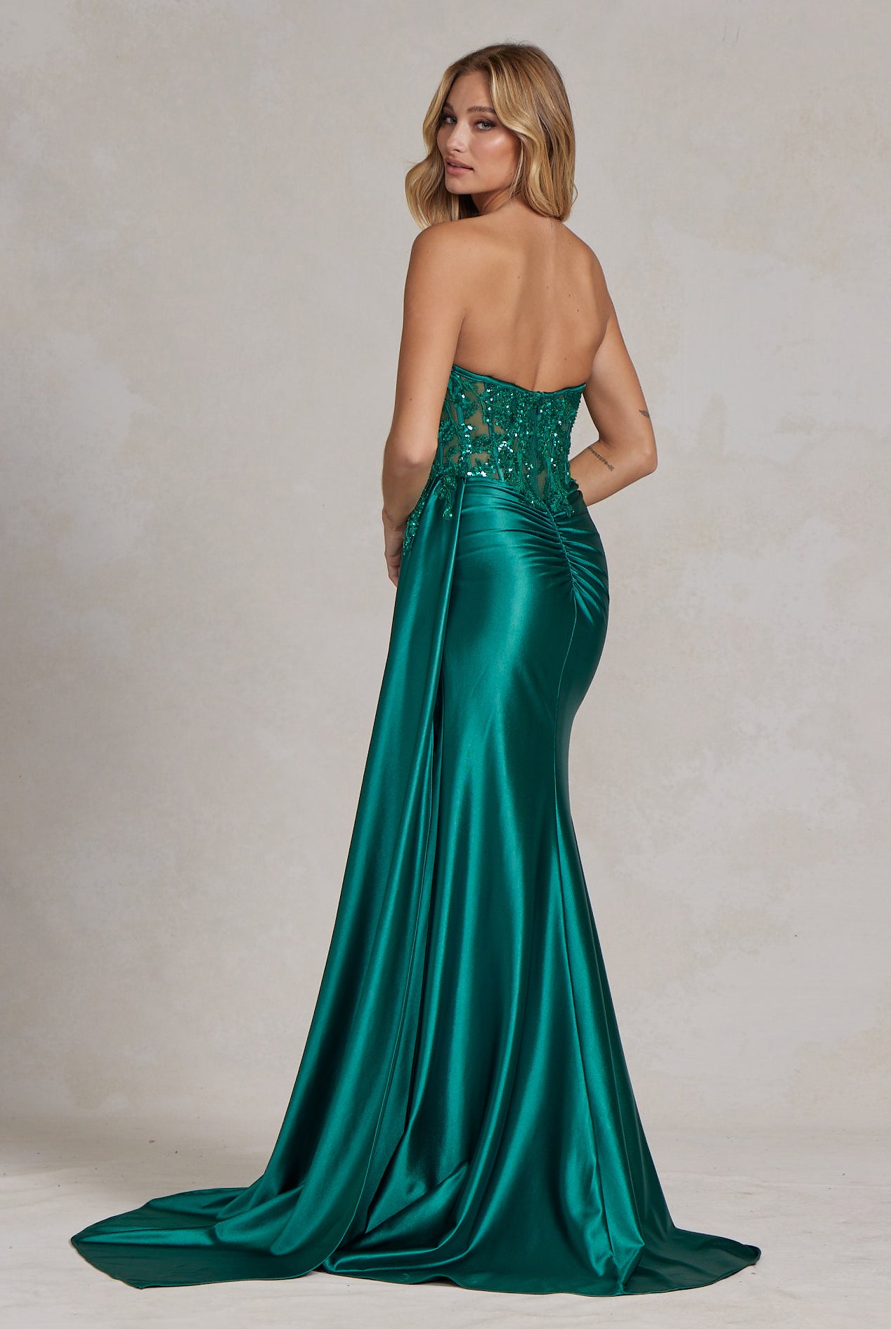 Satin Skirt Side Slit Embroidered Bodice Strapless Long Evening Dress NXE1174-Evening Dress-smcfashion.com