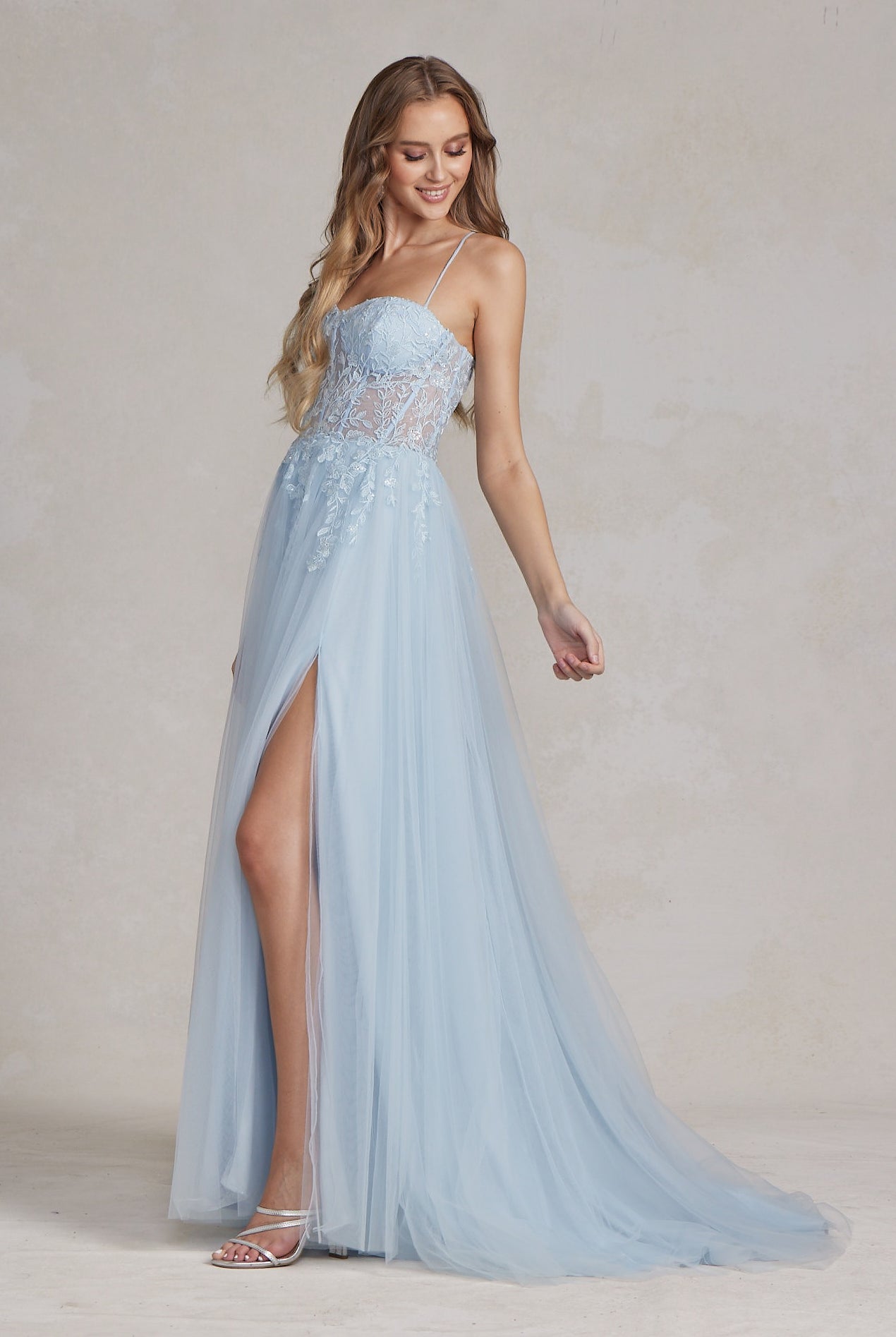Embroidered Bodice Side Slit Tulle Skirt Long Prom Dress NXJ1089-Prom Dress-smcfashion.com