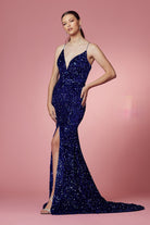 Plunging Neckline Fitted Bodice Velvet Sequince Trumpet Long Prom Dress NXR433-Prom Dress-smcfashion.com