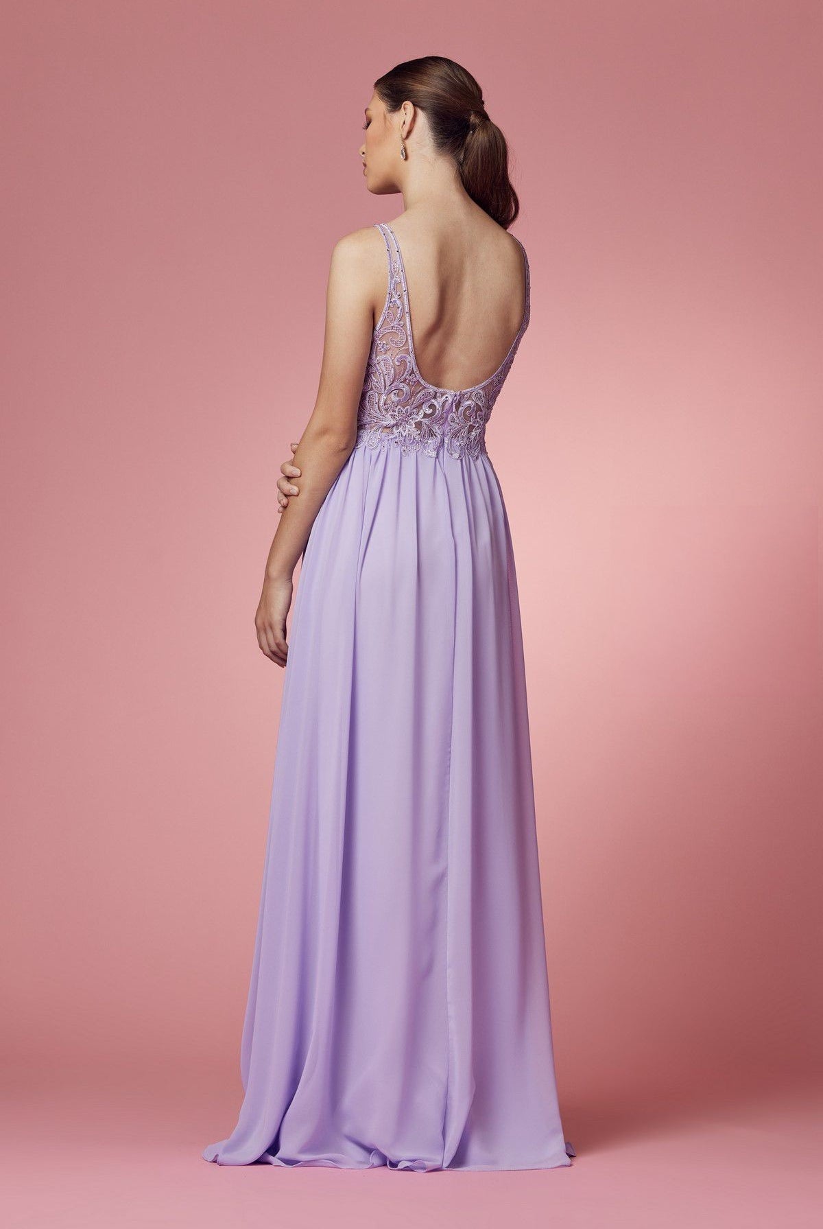 Embroidered Bodice Illusion V-Neck Side Slit Long Bridesmaid Dress NXY299-Bridesmaid Dress-smcfashion.com