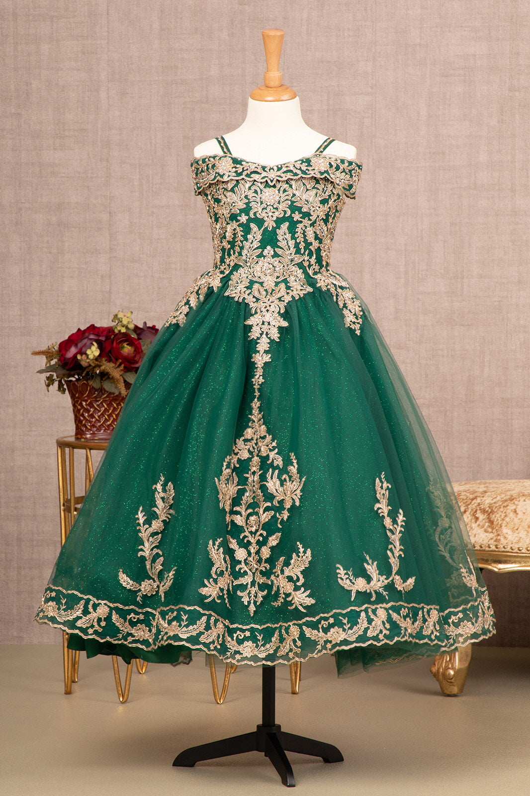 Embroidery Embellished Glitter Mesh A-Line Kids Dress GLGK100-KIDS-smcfashion.com