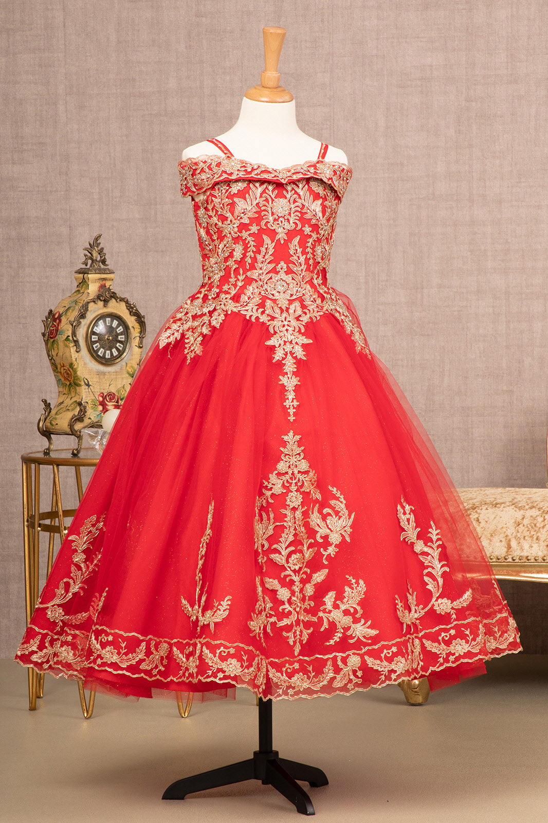 Embroidery Embellished Glitter Mesh A-Line Kids Dress GLGK100-KIDS-smcfashion.com