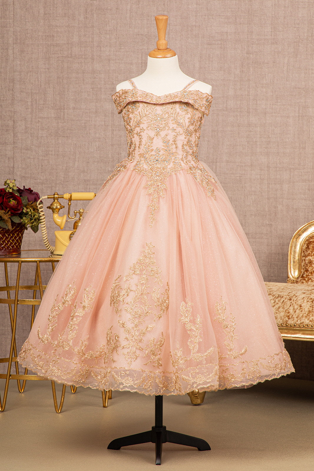 Embroidery Embellished Glitter Mesh A-Line Kids Dress GLGK100-KIDS-smcfashion.com