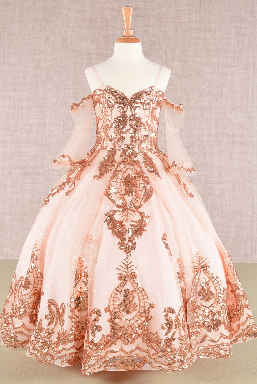 Glitter Sequin Embellished Mesh Kids Dress with Separate Mesh 3/4 Sleeves GLGK104-KIDS-smcfashion.com