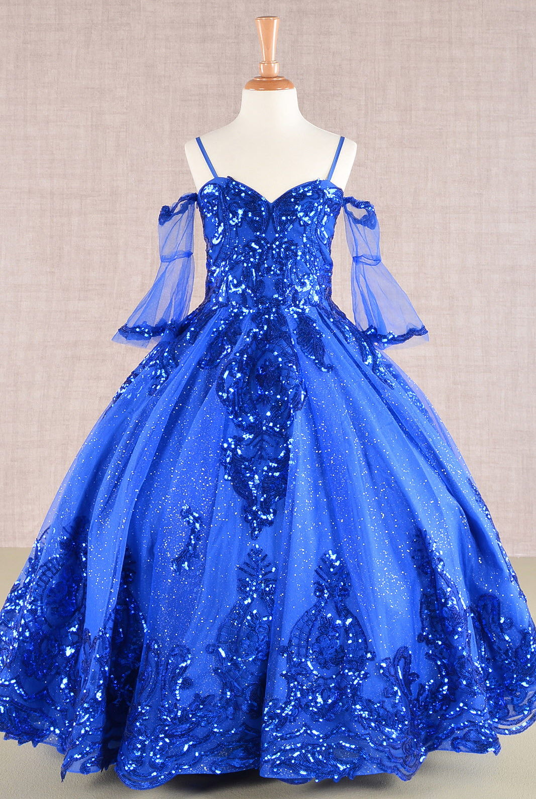Glitter Sequin Embellished Mesh Kids Dress with Separate Mesh 3/4 Sleeves GLGK104-KIDS-smcfashion.com