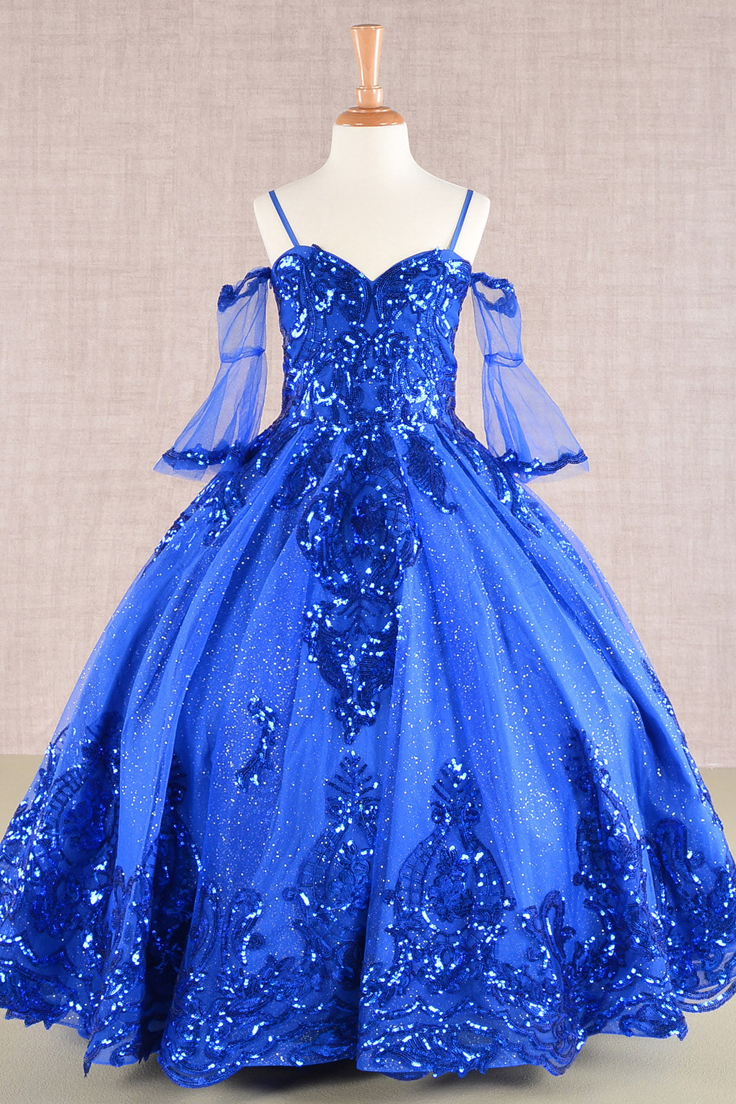Glitter Sequin Embellished Mesh Kids Dress with Separate Mesh 3/4 Sleeves GLGK104-KIDS-smcfashion.com