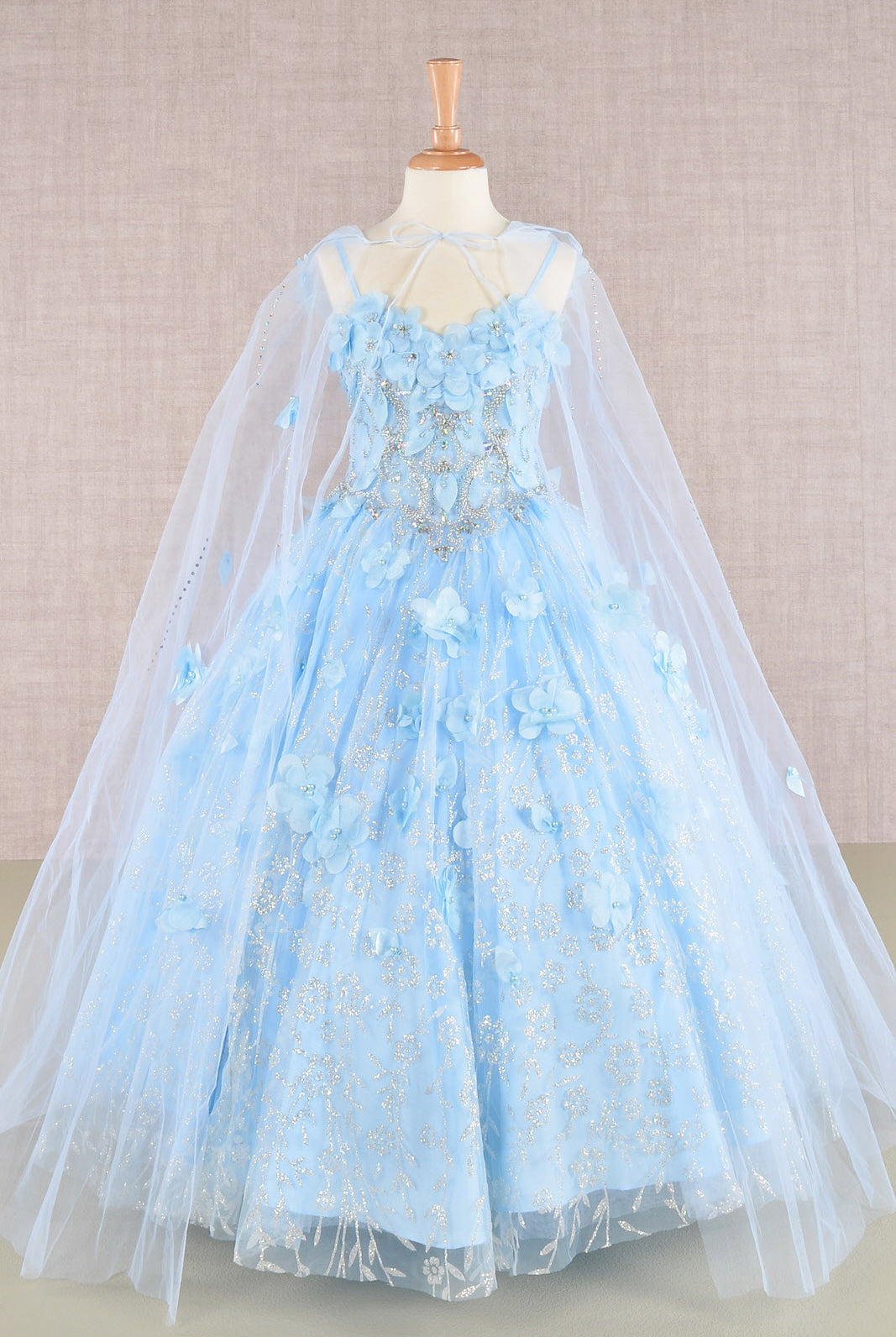 3D Flower Applique Jewel Mesh Kids Dress with Long Mesh Cloak GLGK105-KIDS-smcfashion.com