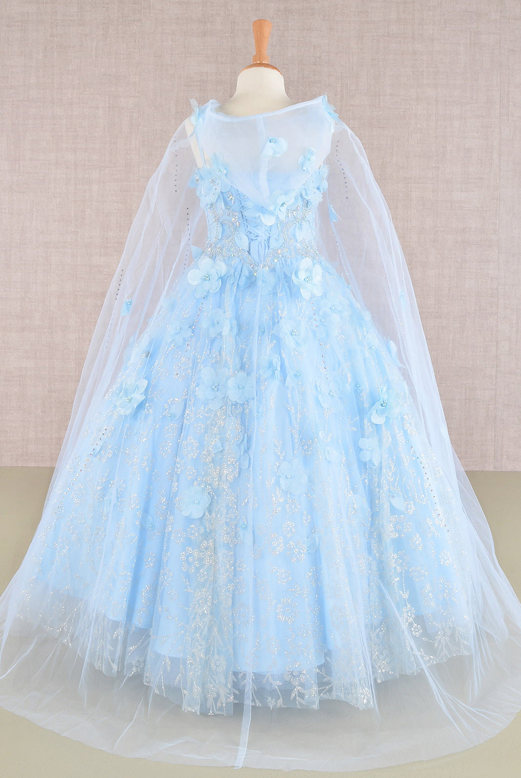 3D Flower Applique Jewel Mesh Kids Dress with Long Mesh Cloak GLGK105-KIDS-smcfashion.com