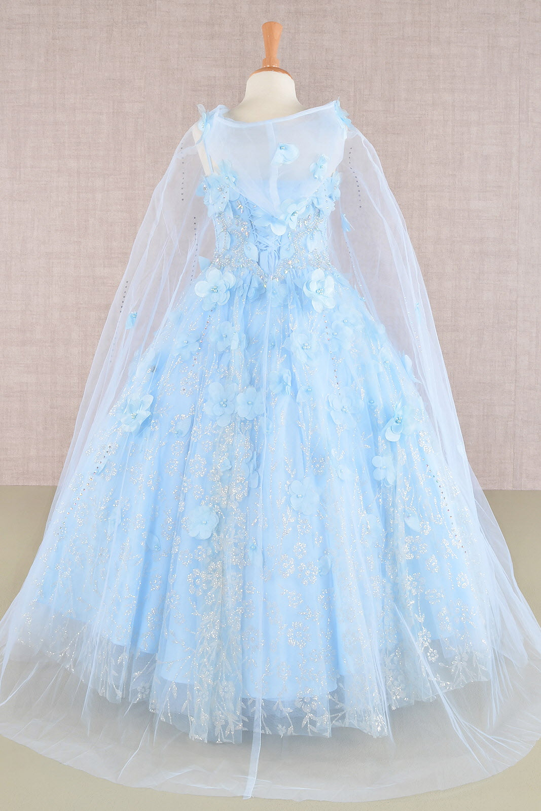 3D Flower Applique Jewel Mesh Kids Dress with Long Mesh Cloak GLGK105-KIDS-smcfashion.com