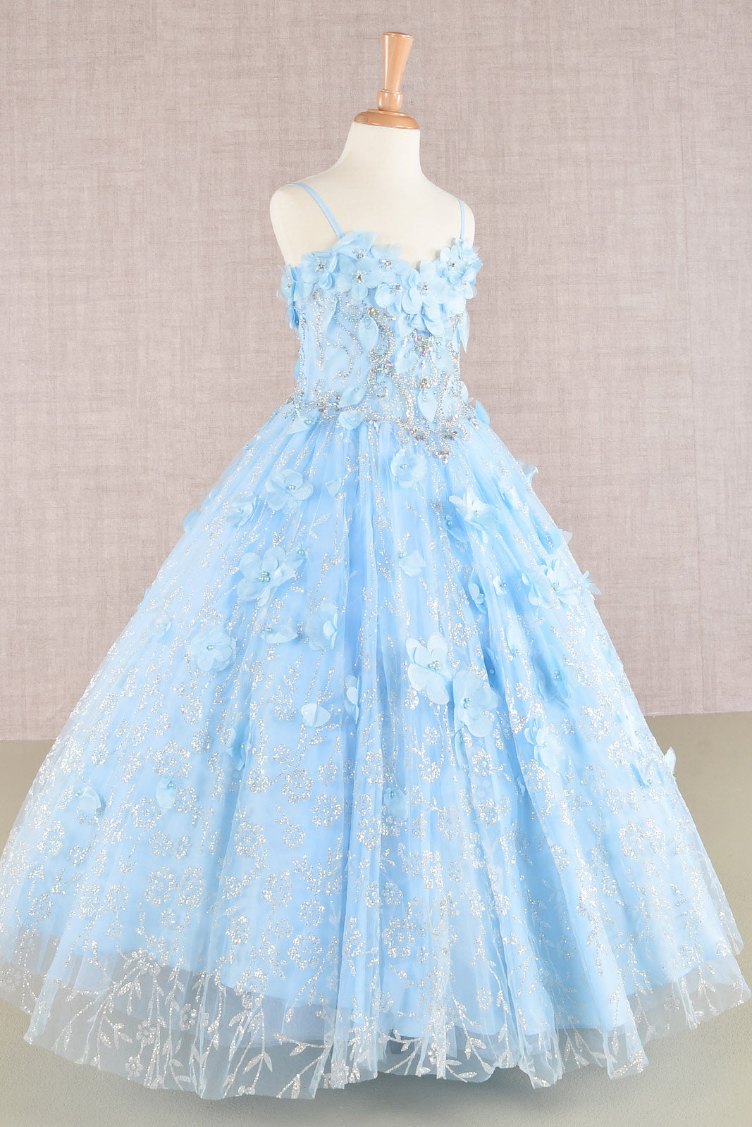 3D Flower Applique Jewel Mesh Kids Dress with Long Mesh Cloak GLGK105-KIDS-smcfashion.com