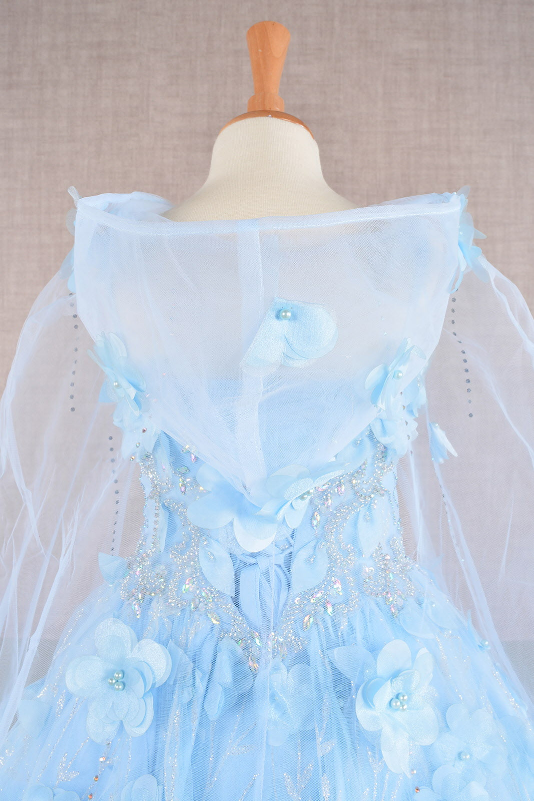 3D Flower Applique Jewel Mesh Kids Dress with Long Mesh Cloak GLGK105-KIDS-smcfashion.com