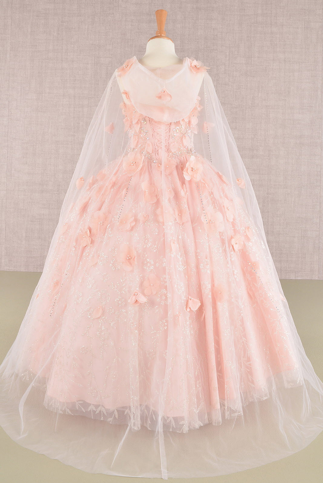 3D Flower Applique Jewel Mesh Kids Dress with Long Mesh Cloak GLGK105-KIDS-smcfashion.com