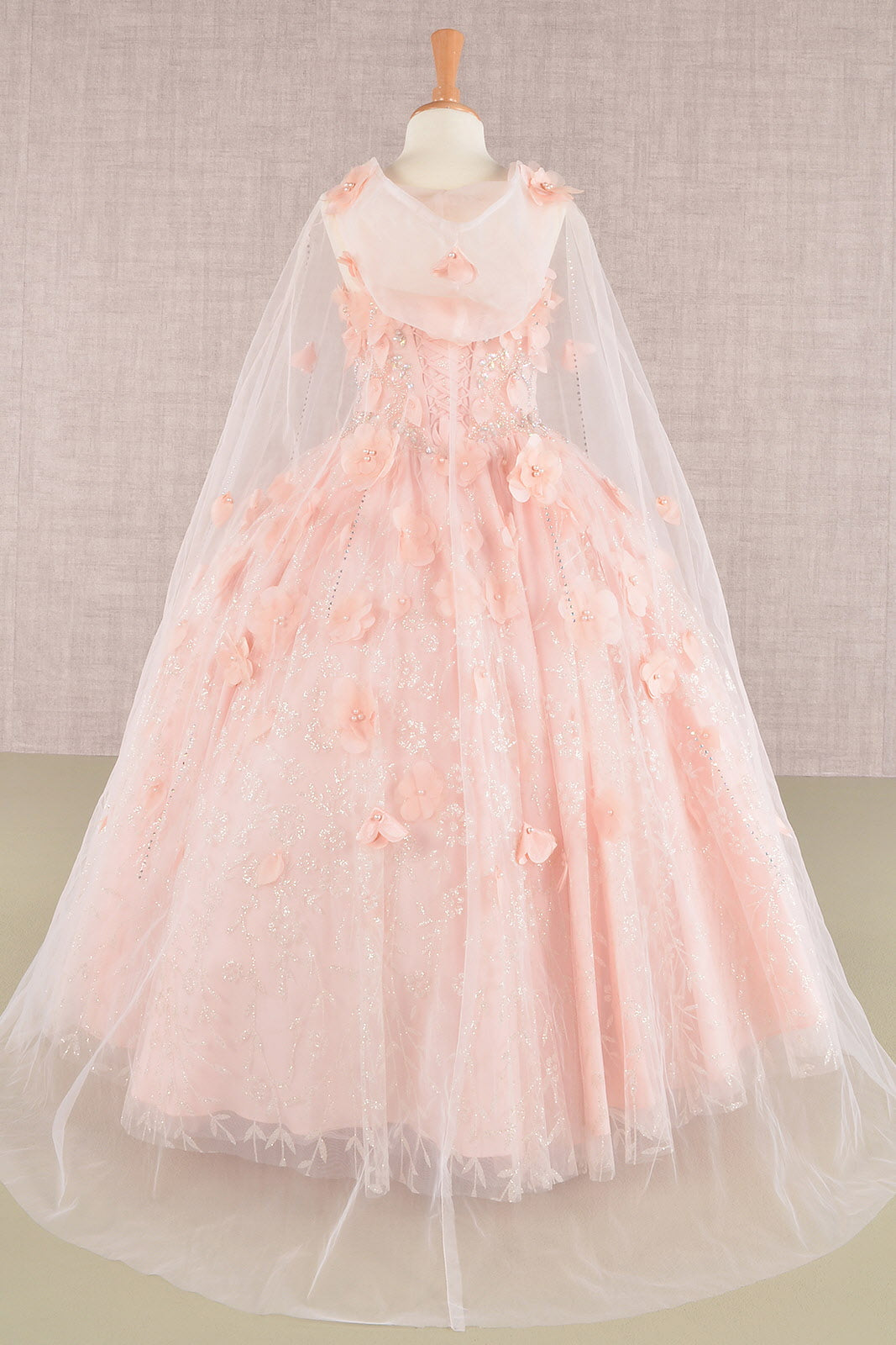 3D Flower Applique Jewel Mesh Kids Dress with Long Mesh Cloak GLGK105-KIDS-smcfashion.com