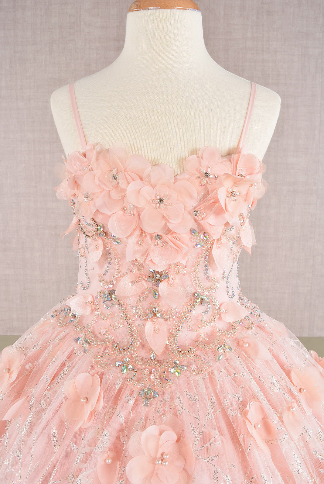 3D Flower Applique Jewel Mesh Kids Dress with Long Mesh Cloak GLGK105-KIDS-smcfashion.com