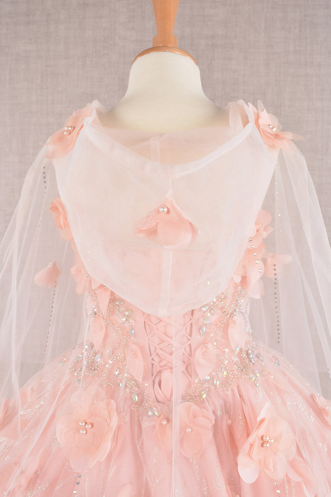 3D Flower Applique Jewel Mesh Kids Dress with Long Mesh Cloak GLGK105-KIDS-smcfashion.com