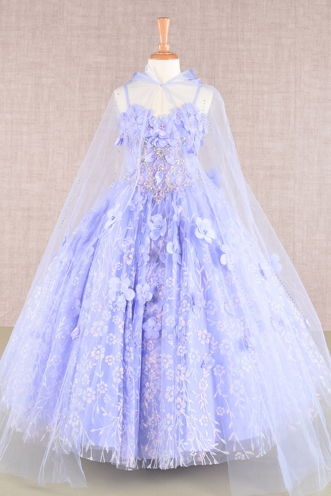 3D Flower Applique Jewel Mesh Kids Dress with Long Mesh Cloak GLGK105-KIDS-smcfashion.com