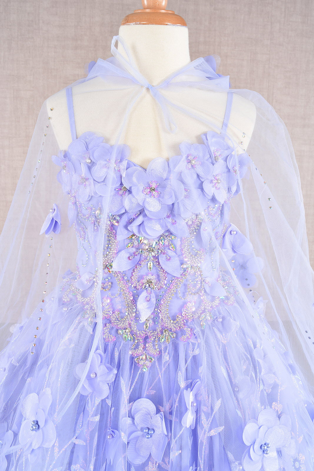 3D Flower Applique Jewel Mesh Kids Dress with Long Mesh Cloak GLGK105-KIDS-smcfashion.com