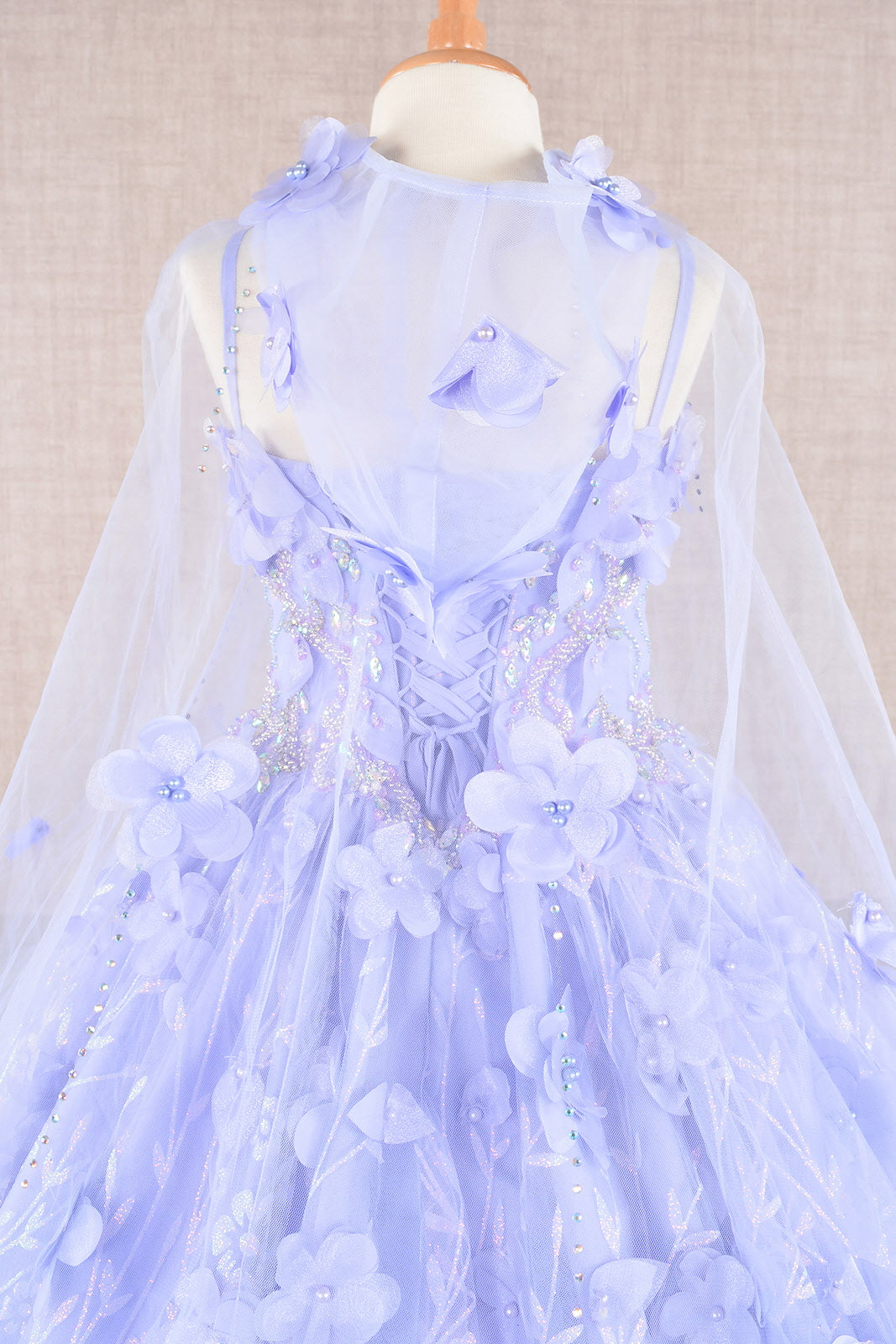 3D Flower Applique Jewel Mesh Kids Dress with Long Mesh Cloak GLGK105-KIDS-smcfashion.com