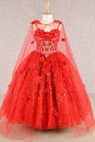 3D Flower Applique Jewel Mesh Kids Dress with Long Mesh Cloak GLGK105-KIDS-smcfashion.com