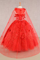 3D Flower Applique Jewel Mesh Kids Dress with Long Mesh Cloak GLGK105-KIDS-smcfashion.com