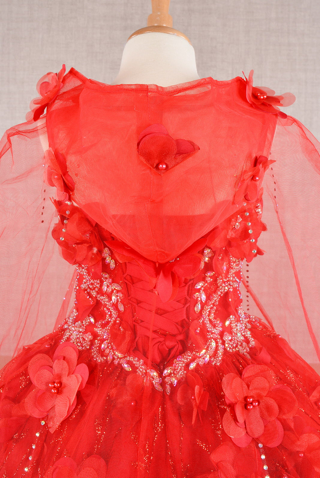 3D Flower Applique Jewel Mesh Kids Dress with Long Mesh Cloak GLGK105-KIDS-smcfashion.com