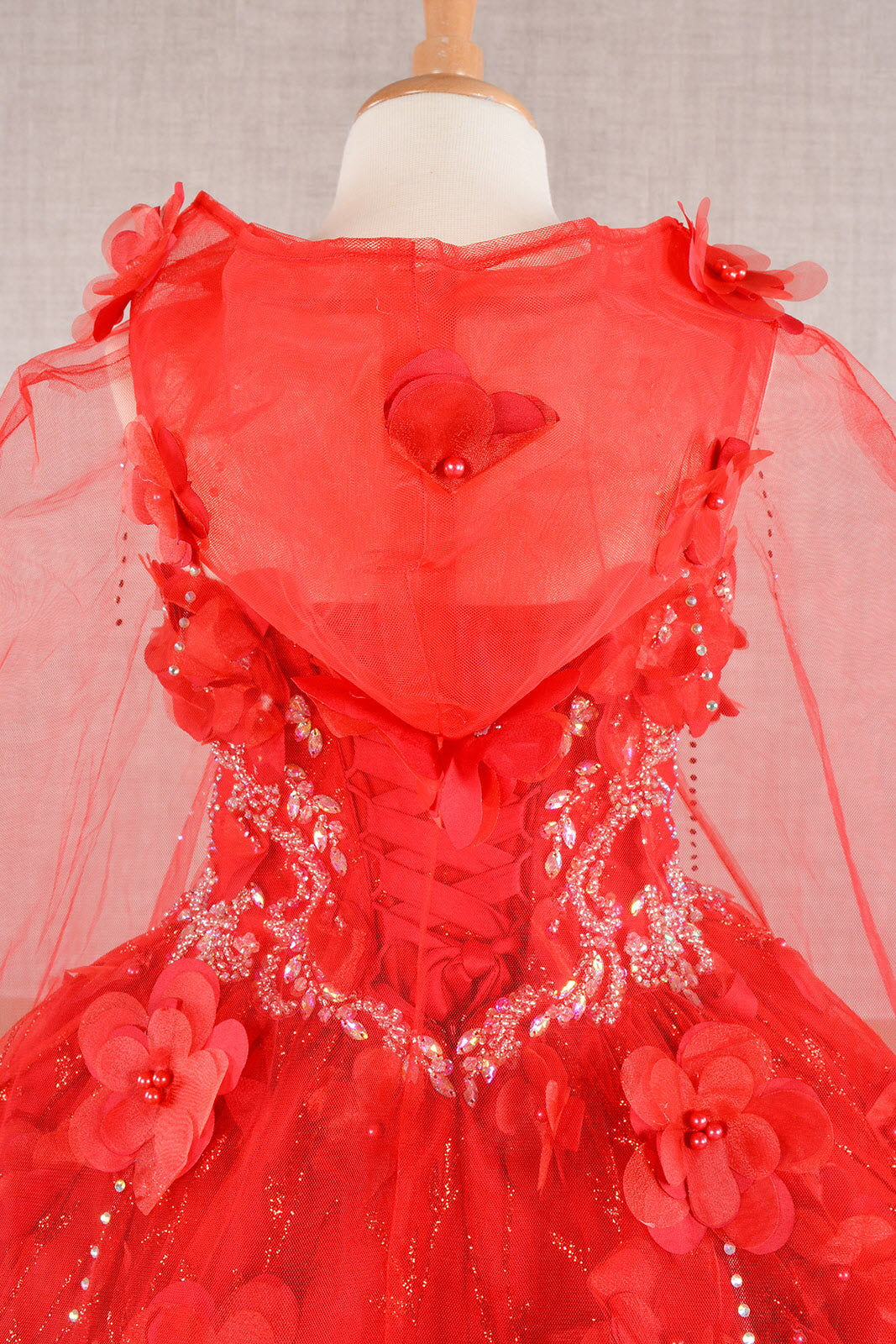 3D Flower Applique Jewel Mesh Kids Dress with Long Mesh Cloak GLGK105-KIDS-smcfashion.com