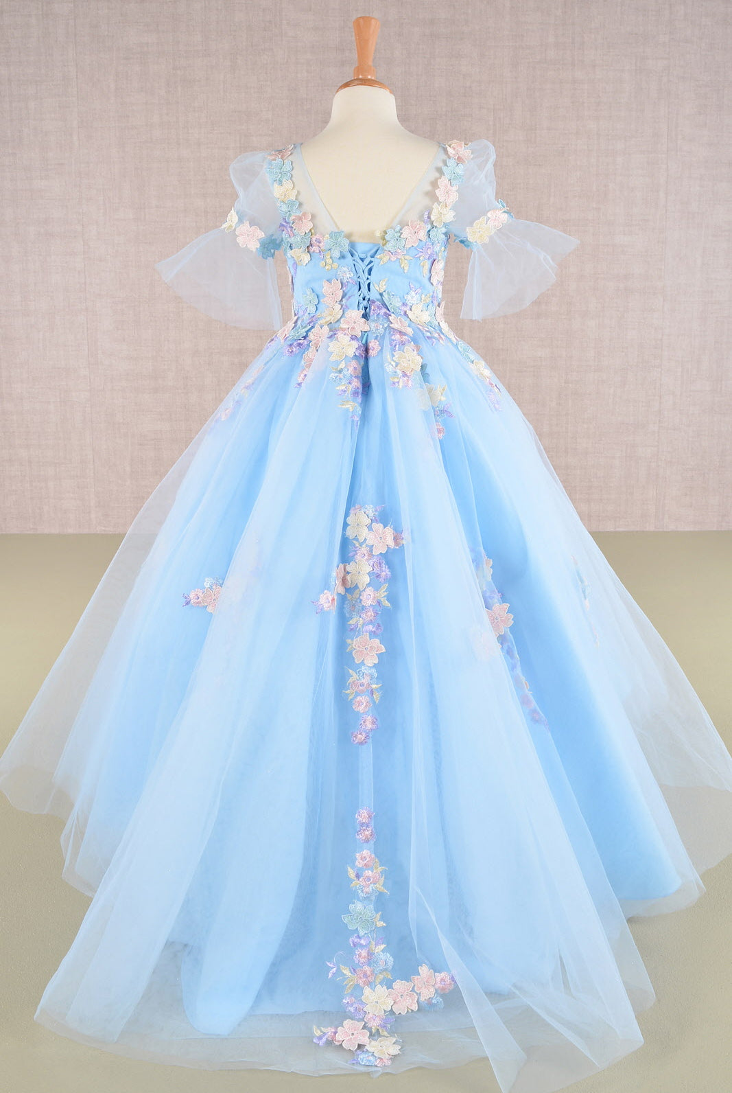 3D Floral Applique Mesh Kids Dress with Long Back Hem GLGK107-KIDS-smcfashion.com